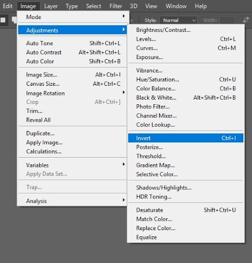First, enter the Image menu then going for Adjustments Invert.
