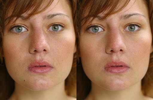 Here's a difference between the initial skin retouching before (left) and after (right).