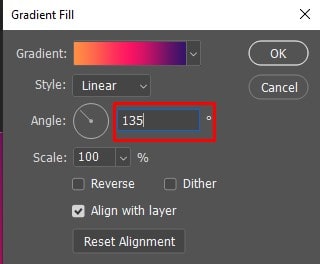 Gradient Fill dialog box to change the Angle option