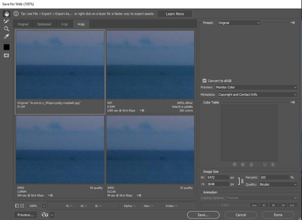 Saving image for Web