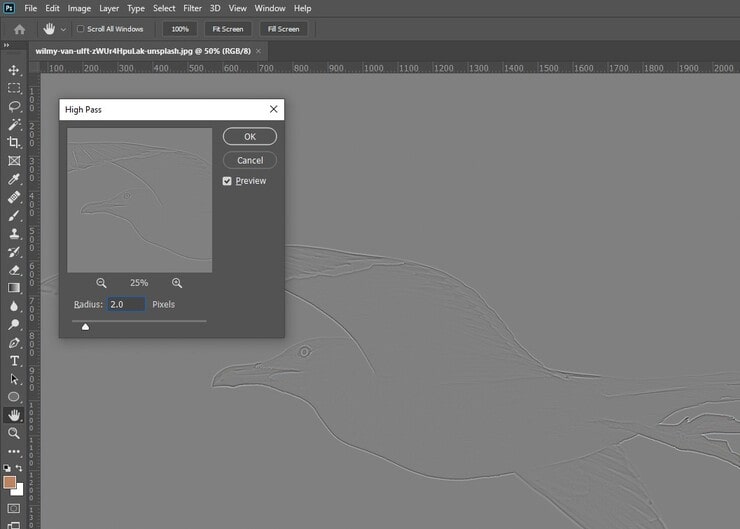 Reduce Value of High Pass to Sharpen an image