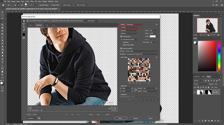 save the image as PNG-8 format