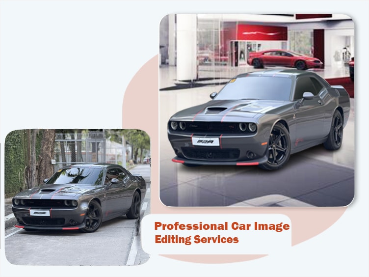 Car image editing – before and after of a raw vehicle photograph enhanced for an online listing