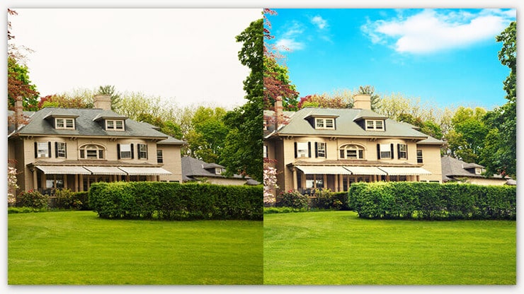 Greenery effect for real estate – natural green landscaping added to property photograph
