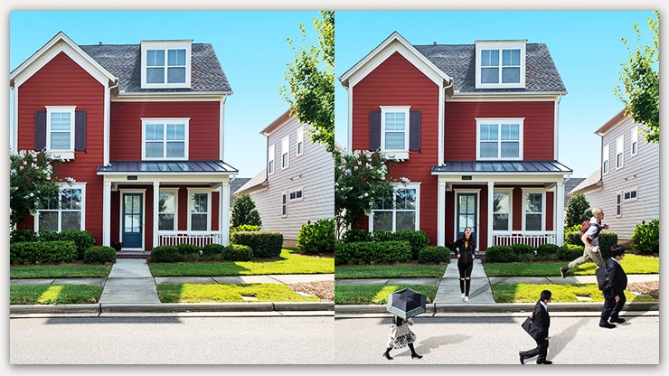 Live people attachment for real estate – lifestyle figures composited into property exterior image
