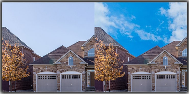 Sky attachment for real estate photo – dull overcast sky replaced with vibrant blue sky
