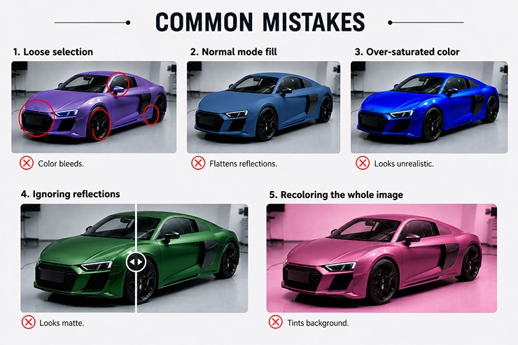 Common mistakes in Changing a Car's Color in Photoshop
