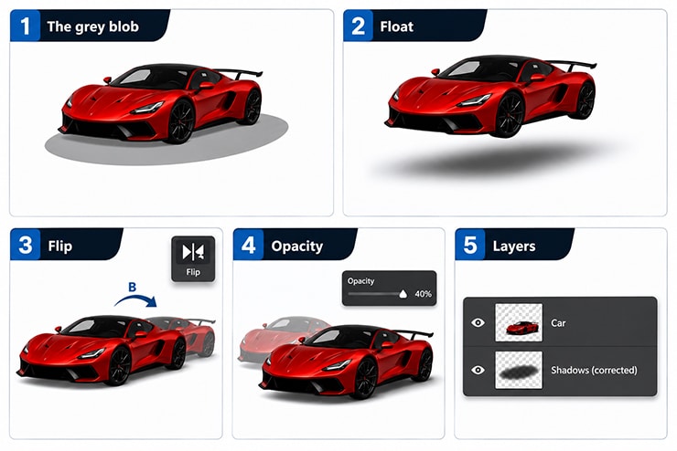 Common mistakes in adding a realistic shadow to a car photo