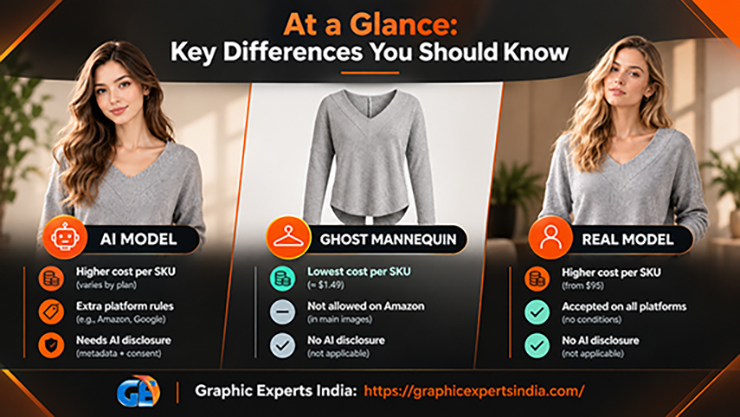 AI Model vs Ghost Mannequin vs Real Model Comparison Show at a Glance